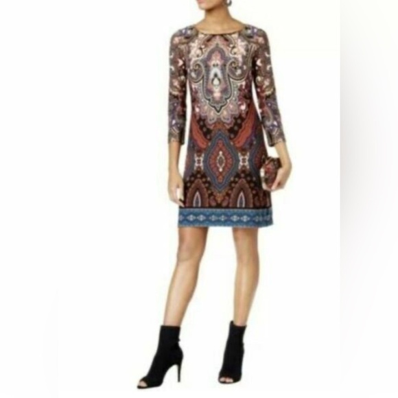INC International Concepts Brown and Orange Sheath Dress with Long Sleeves - Picture 1 of 5